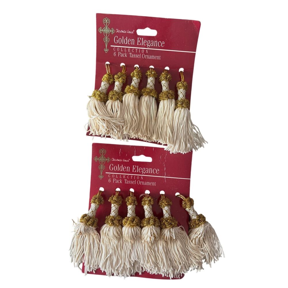 Christmas House Golden Elegance Tassel Ornaments 12 Ivory Gold 3.5” NOS